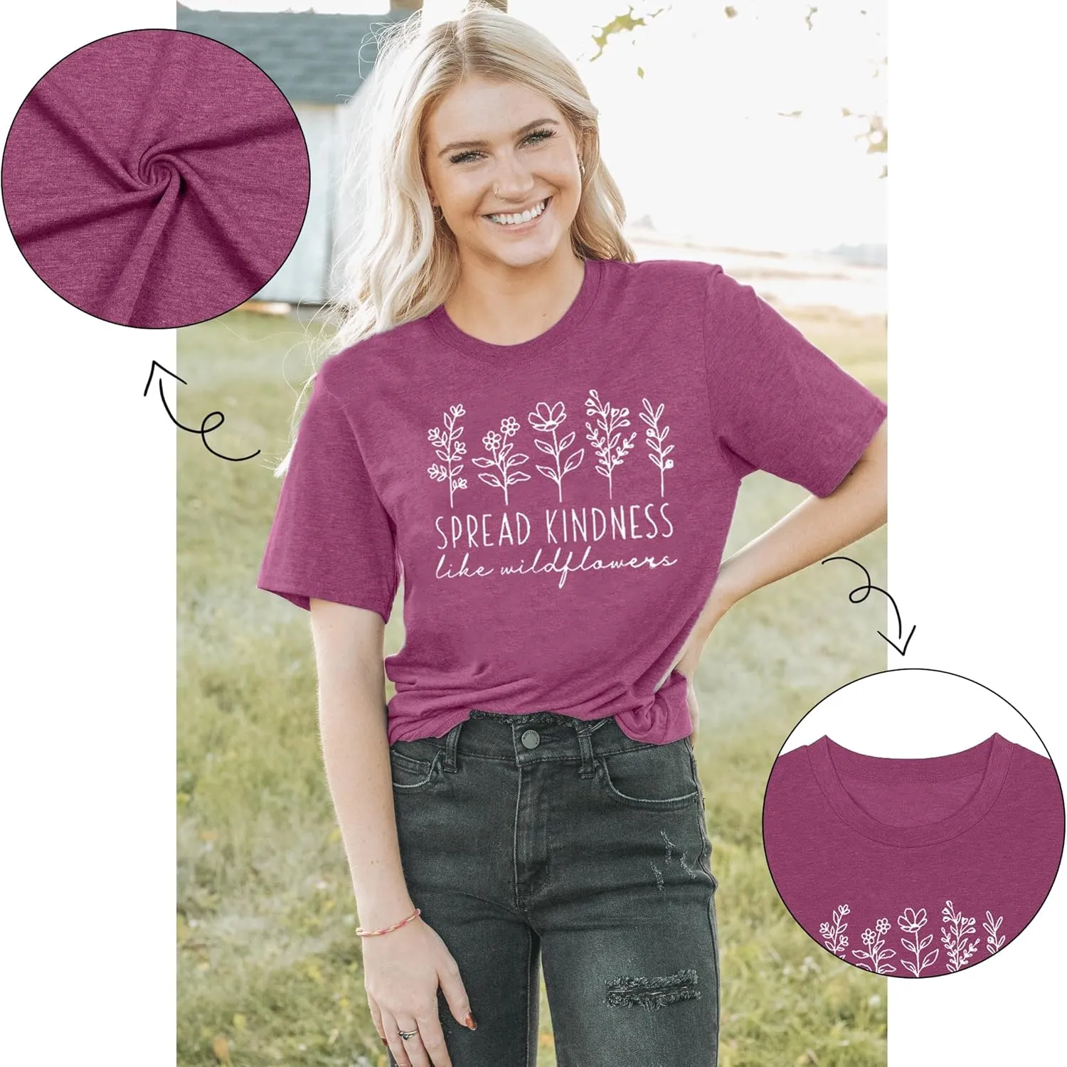 Spread Kindness Like Flower T-Shirt for Women Cute Flower Graphic Shirt Casual Positive Inspirational Short Sleeve Tee Top