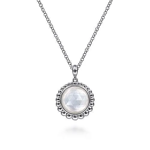 Sterling Silver Rock Crystal and Mother of Pearl Pendant Necklace 17.5"