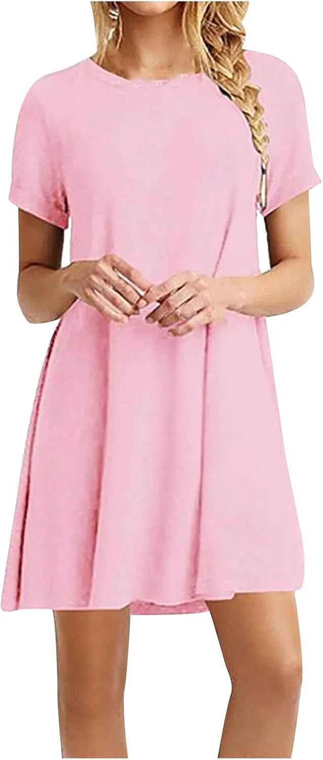 Summer Dresses for Women 2025 Casual Loose Fit Short Sleeve Crew Neck Mini Dresses A-Line Flowy T-Shirts Dresses