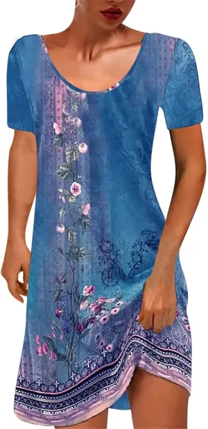 Summer Dresses for Women Boho Floral Print T-Shirts Dress Short Sleeve Sundresses Vintage Loose Tank Dresses