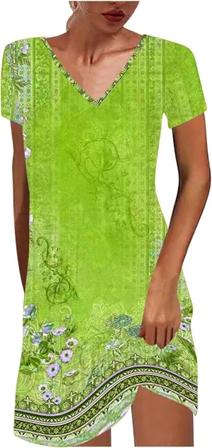 Summer Dresses for Women Boho Floral Print T-Shirts Dress Short Sleeve Sundresses Vintage Loose Tank Dresses