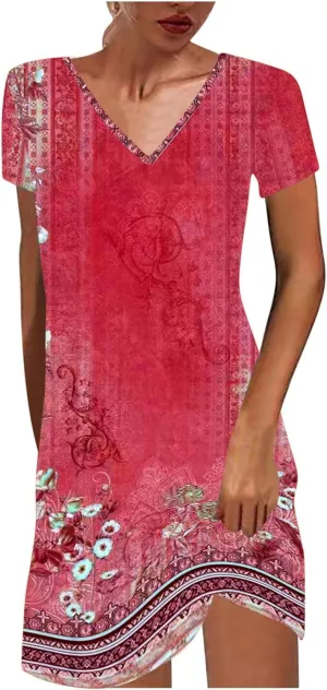 Summer Dresses for Women Boho Floral Print T-Shirts Dress Short Sleeve Sundresses Vintage Loose Tank Dresses