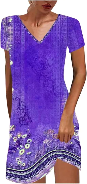 Summer Dresses for Women Boho Floral Print T-Shirts Dress Short Sleeve Sundresses Vintage Loose Tank Dresses