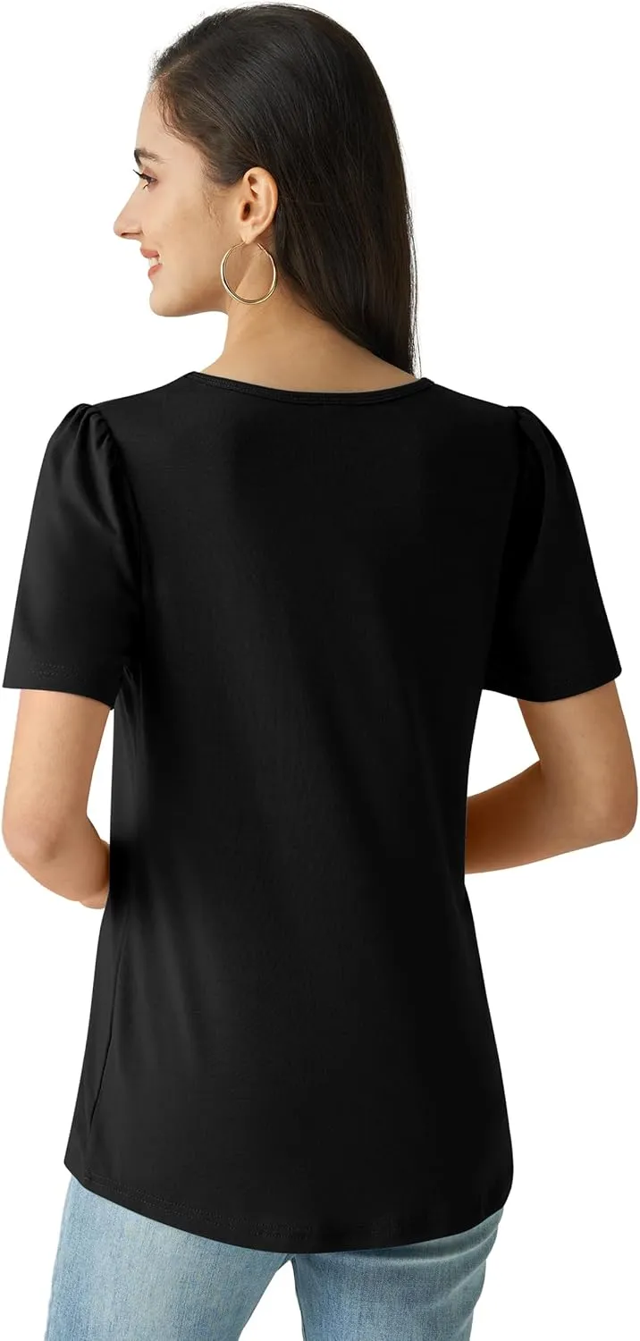 Summer Tops for Women 2025 Dressy Casual Short Puff Sleeve T Shirts Trendy Pleated Front Crew Neck