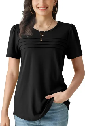 Summer Tops for Women 2025 Dressy Casual Short Puff Sleeve T Shirts Trendy Pleated Front Crew Neck