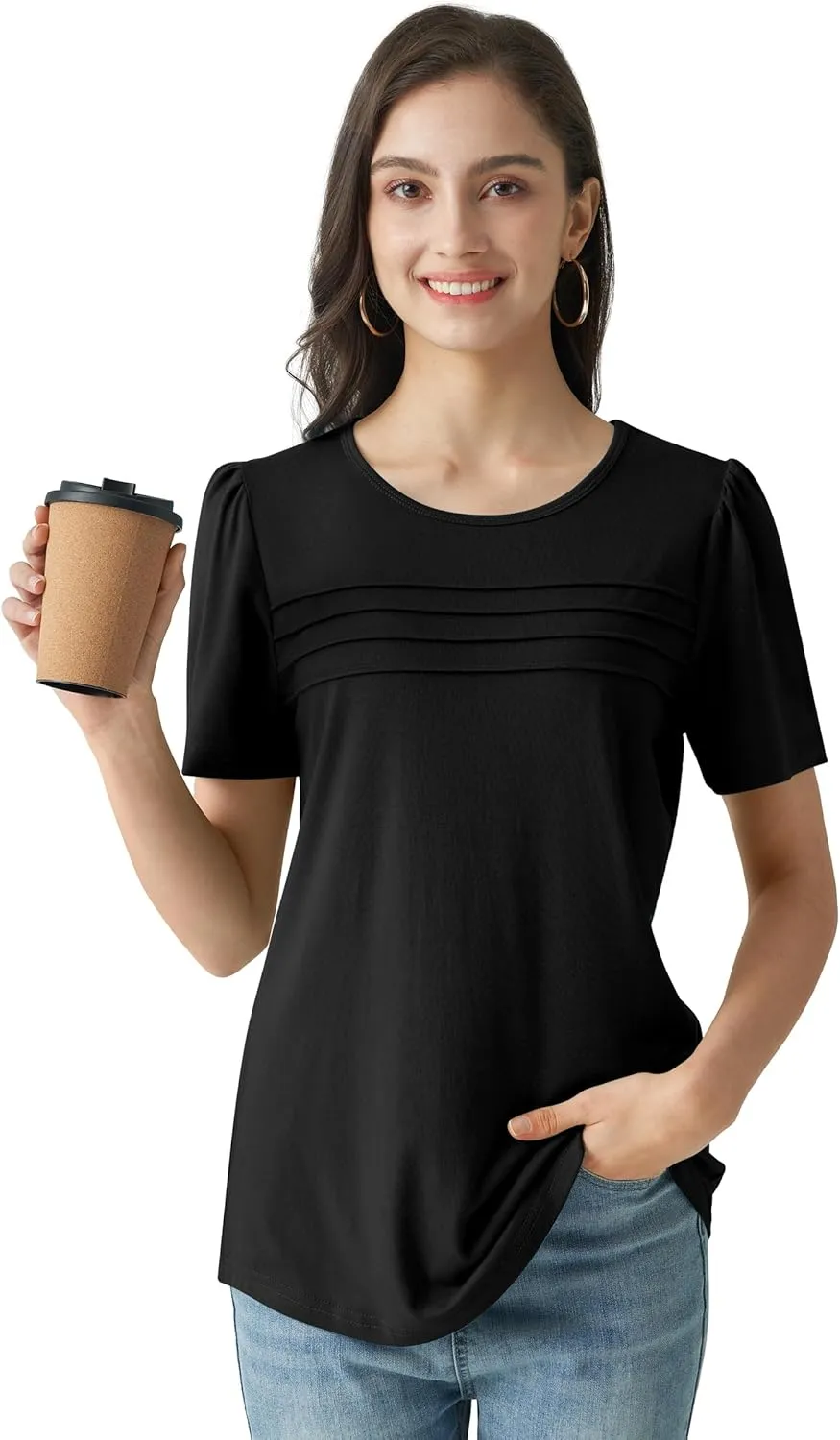 Summer Tops for Women 2025 Dressy Casual Short Puff Sleeve T Shirts Trendy Pleated Front Crew Neck