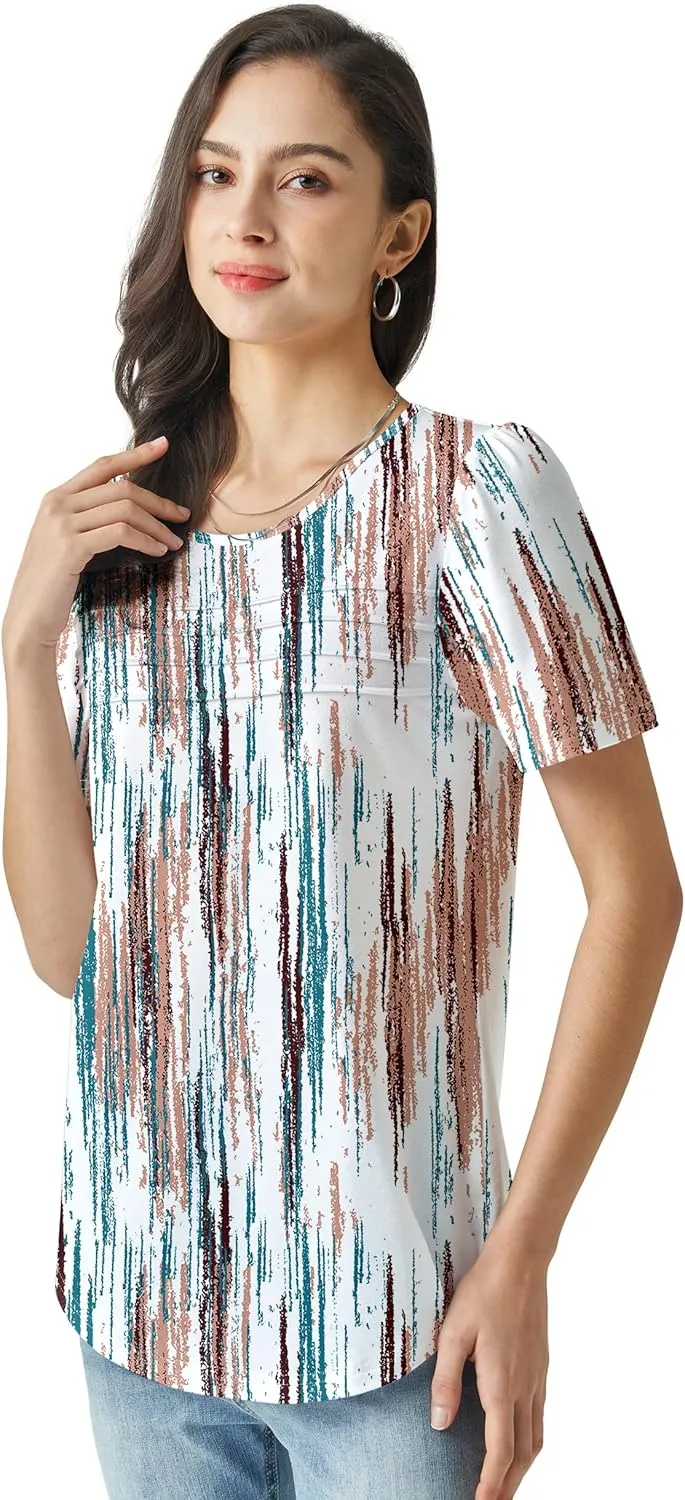 Summer Tops for Women 2025 Dressy Casual Short Puff Sleeve T Shirts Trendy Pleated Front Crew Neck