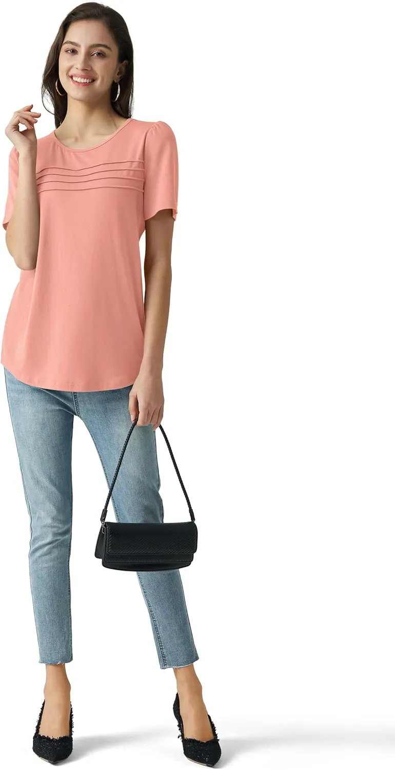 Summer Tops for Women 2025 Dressy Casual Short Puff Sleeve T Shirts Trendy Pleated Front Crew Neck