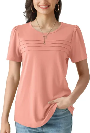 Summer Tops for Women 2025 Dressy Casual Short Puff Sleeve T Shirts Trendy Pleated Front Crew Neck