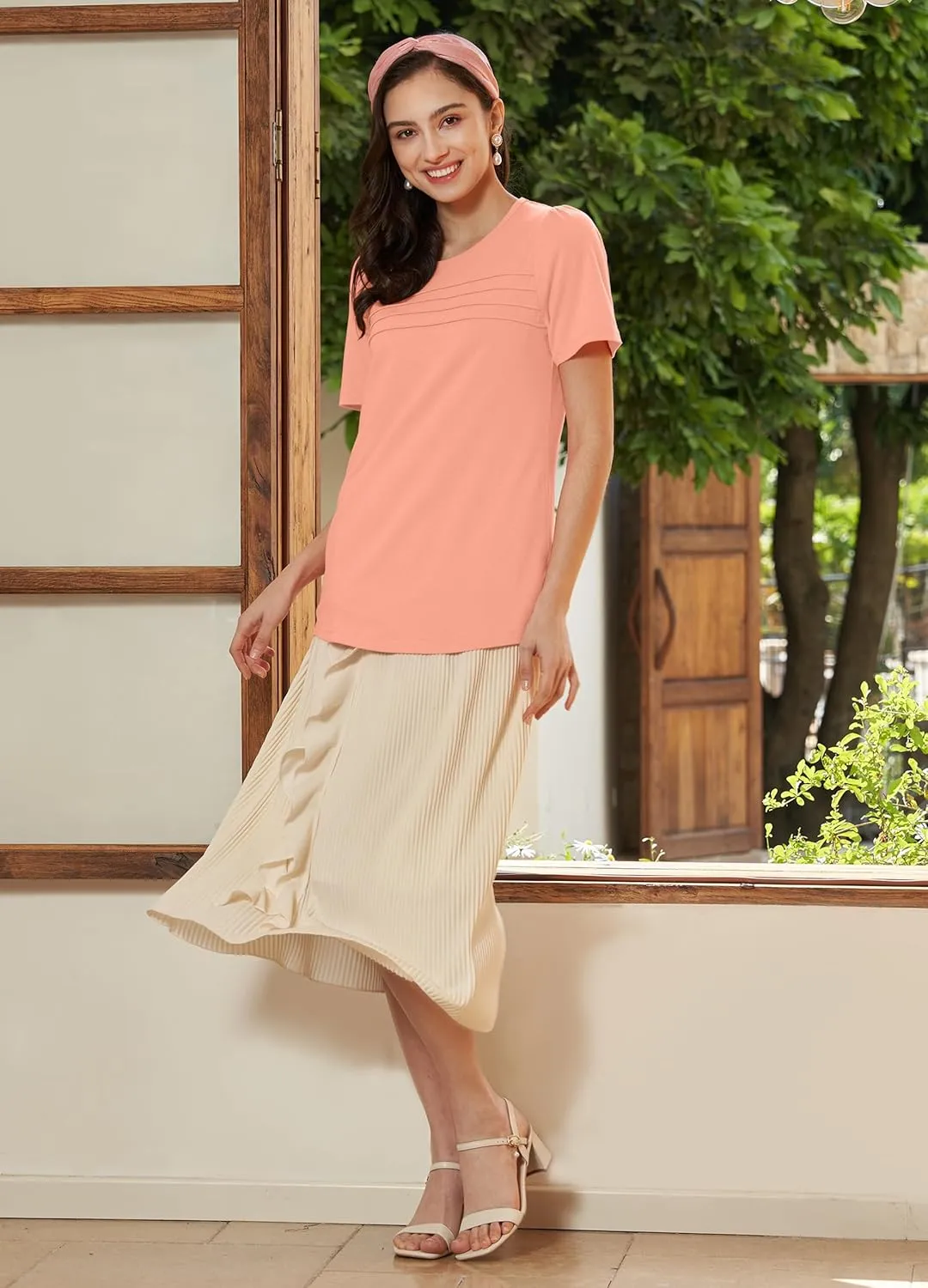 Summer Tops for Women 2025 Dressy Casual Short Puff Sleeve T Shirts Trendy Pleated Front Crew Neck