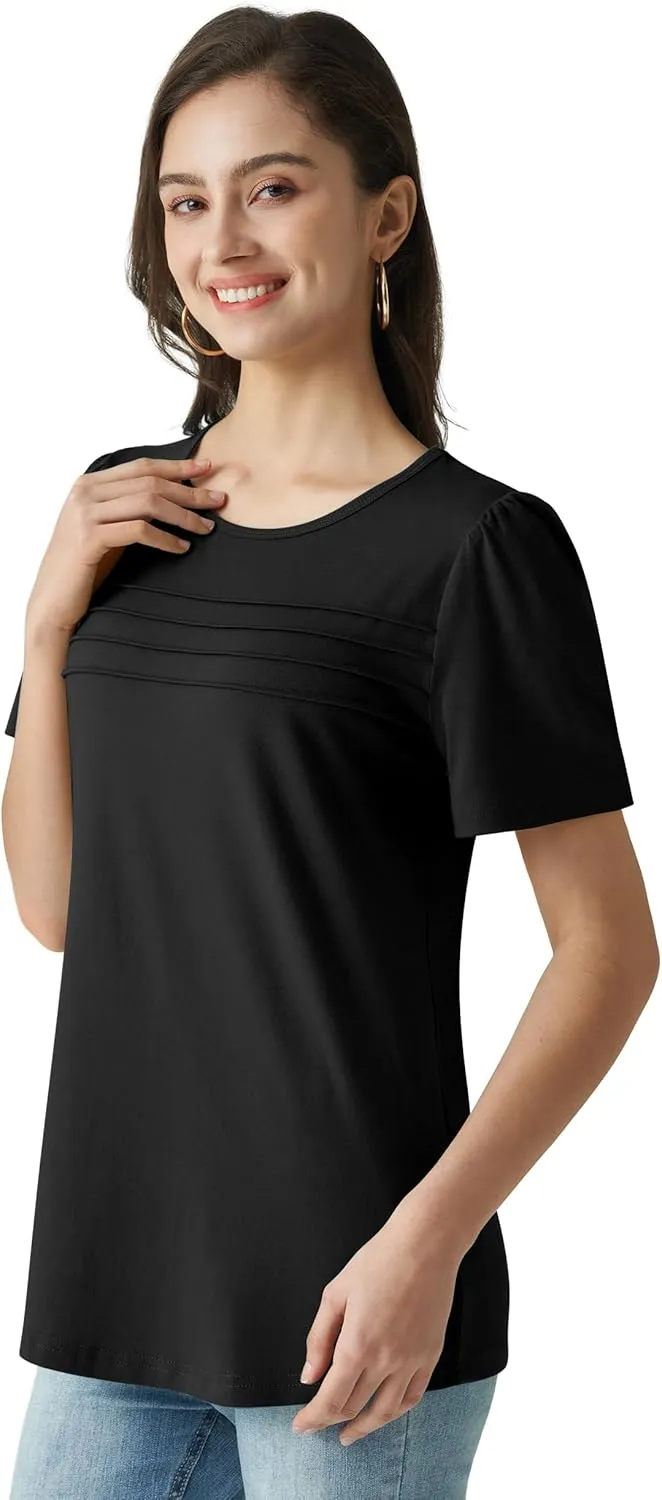 Summer Tops for Women 2025 Dressy Casual Short Puff Sleeve T Shirts Trendy Pleated Front Crew Neck
