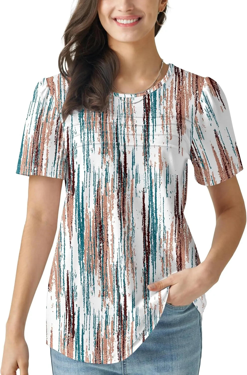 Summer Tops for Women 2025 Dressy Casual Short Puff Sleeve T Shirts Trendy Pleated Front Crew Neck