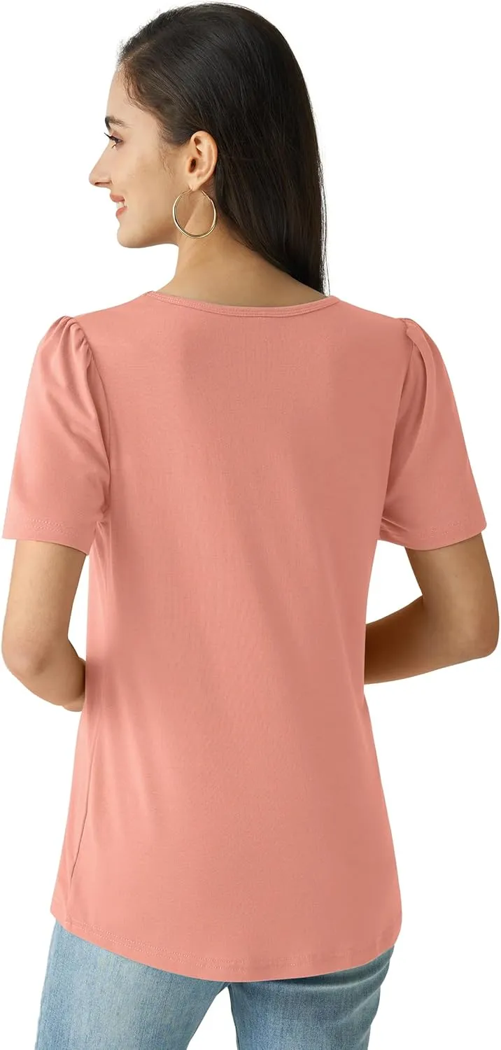 Summer Tops for Women 2025 Dressy Casual Short Puff Sleeve T Shirts Trendy Pleated Front Crew Neck