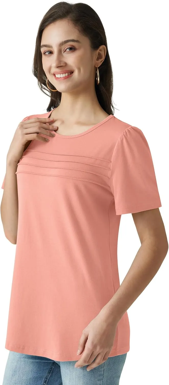 Summer Tops for Women 2025 Dressy Casual Short Puff Sleeve T Shirts Trendy Pleated Front Crew Neck