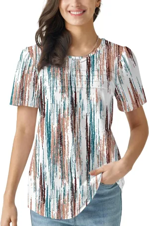 Summer Tops for Women 2025 Dressy Casual Short Puff Sleeve T Shirts Trendy Pleated Front Crew Neck