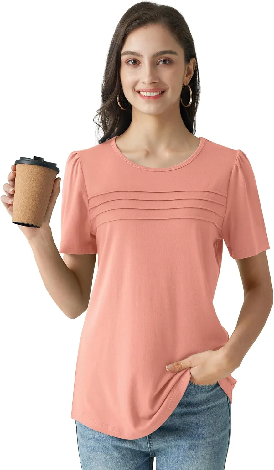 Summer Tops for Women 2025 Dressy Casual Short Puff Sleeve T Shirts Trendy Pleated Front Crew Neck