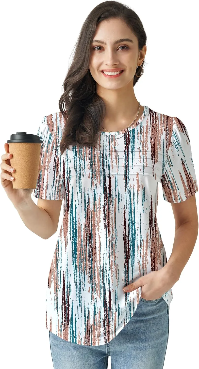 Summer Tops for Women 2025 Dressy Casual Short Puff Sleeve T Shirts Trendy Pleated Front Crew Neck