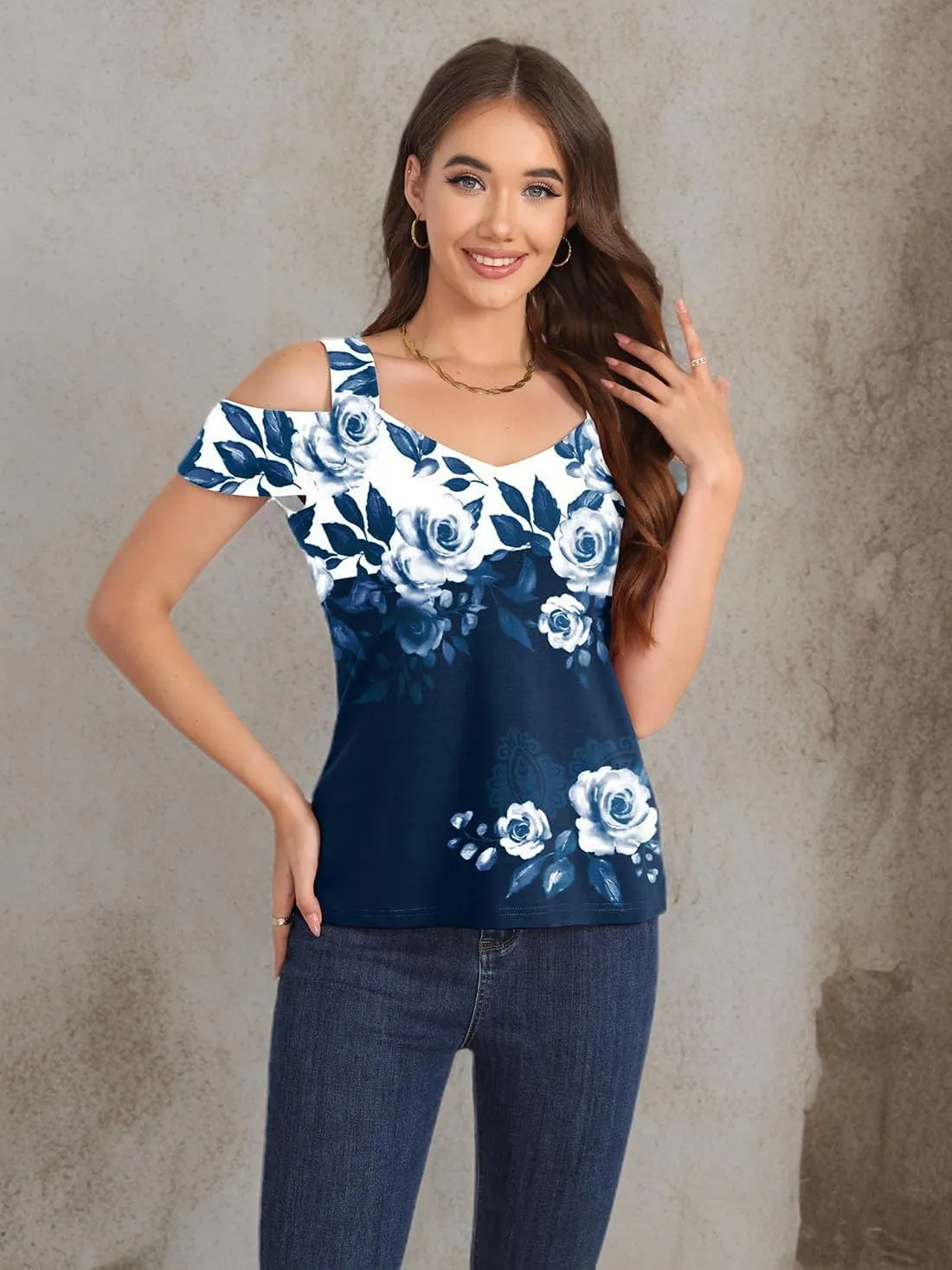 Summer Tops Womens Tunic Top Short Sleeve Cold Shoulder V Neck Loose Fit Basic Tee Casual Tops T Shirts Blouse