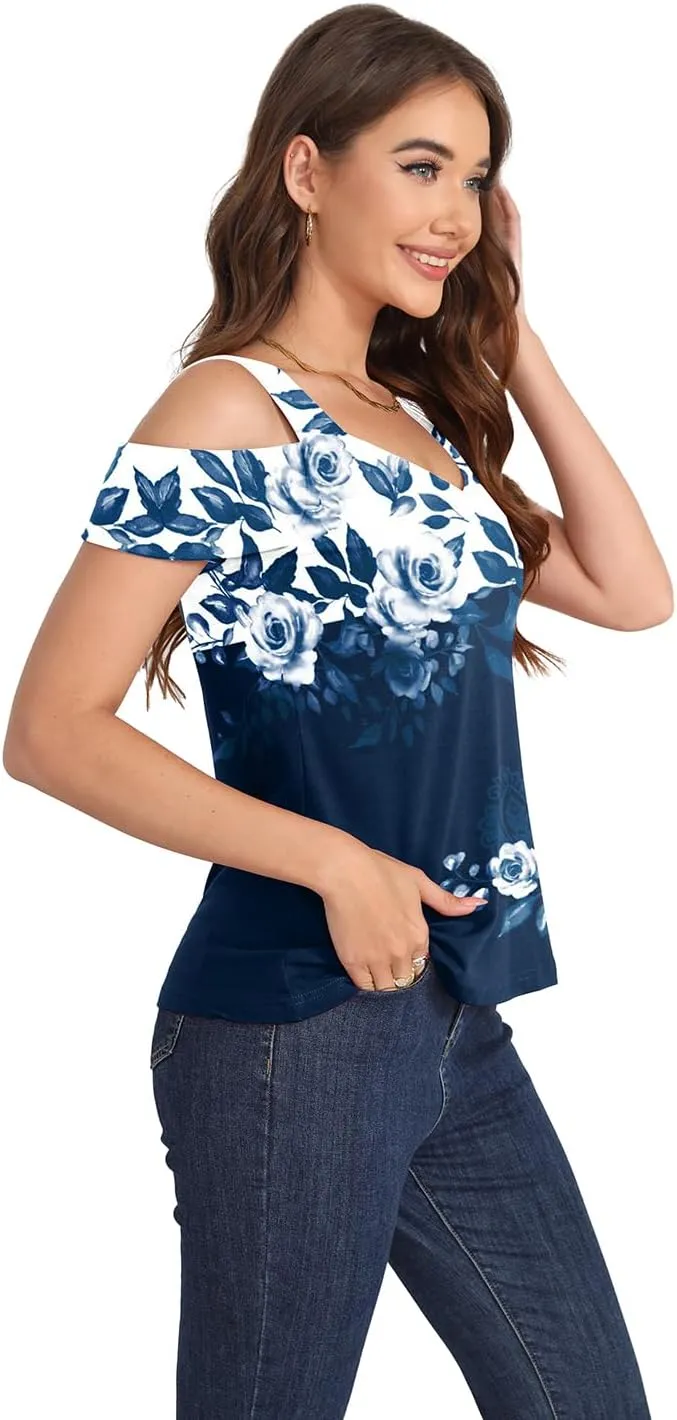 Summer Tops Womens Tunic Top Short Sleeve Cold Shoulder V Neck Loose Fit Basic Tee Casual Tops T Shirts Blouse