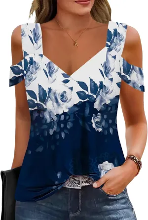 Summer Tops Womens Tunic Top Short Sleeve Cold Shoulder V Neck Loose Fit Basic Tee Casual Tops T Shirts Blouse