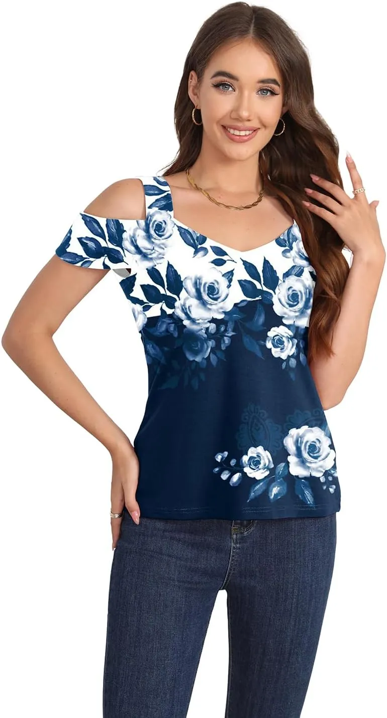 Summer Tops Womens Tunic Top Short Sleeve Cold Shoulder V Neck Loose Fit Basic Tee Casual Tops T Shirts Blouse