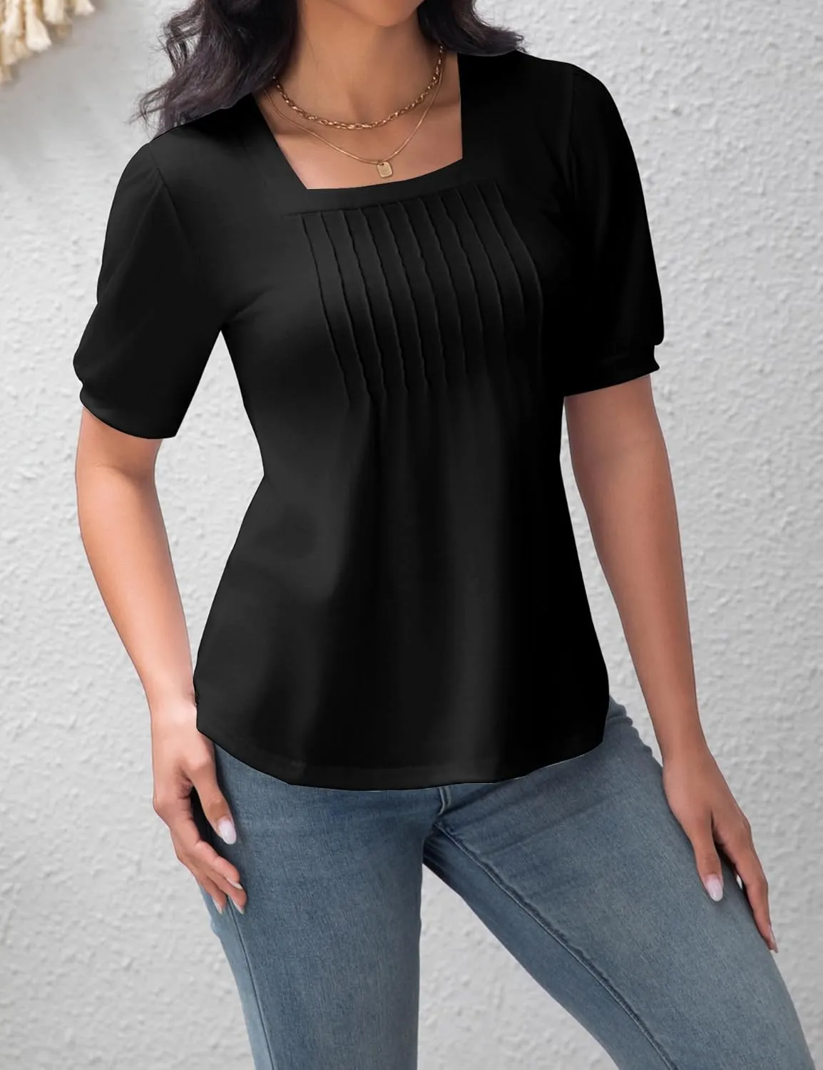 T Shirts for Women Casual Pleated Square Neck Dressy Blouses Puff 2025 Short Sleeve Summer Tops Loose Fit