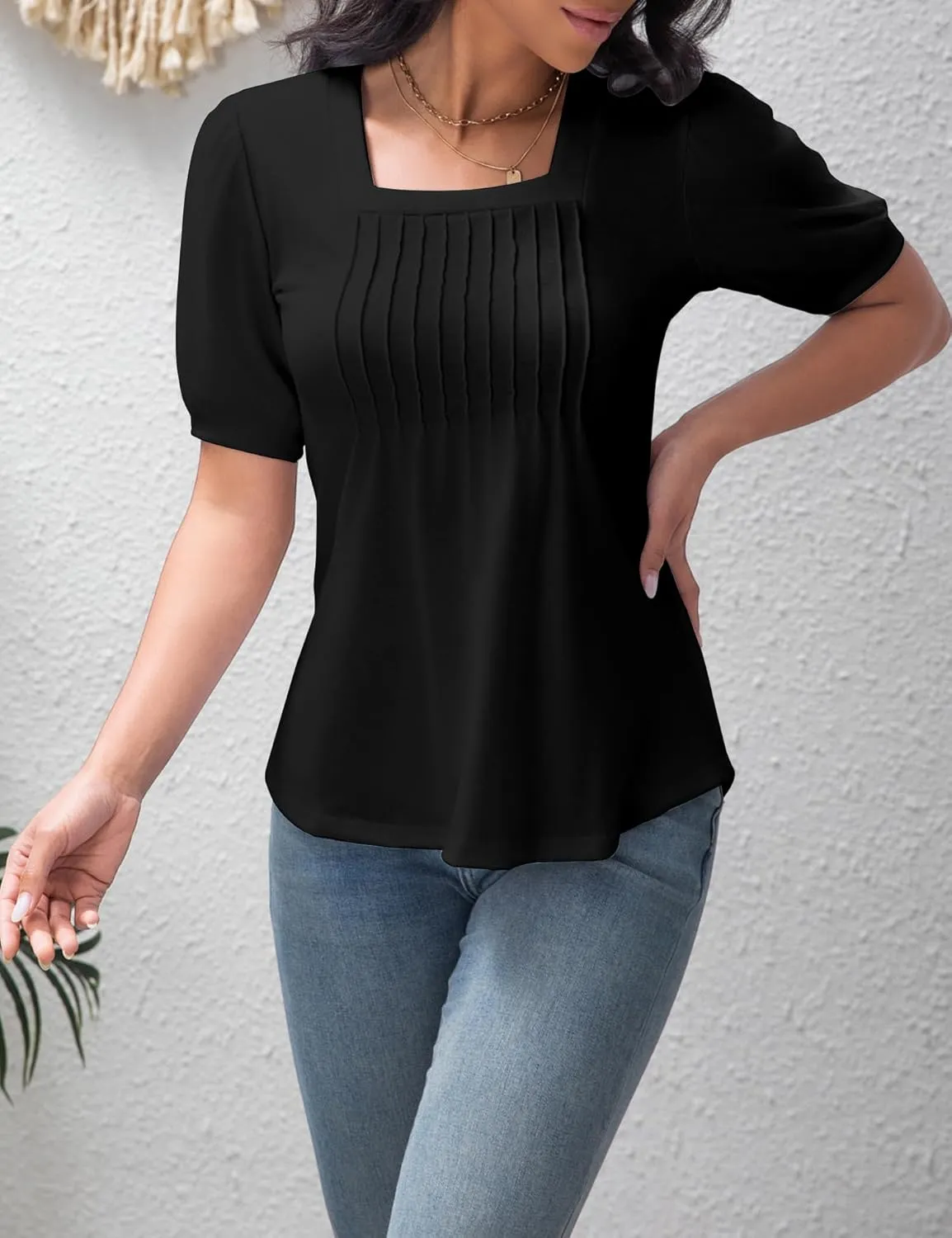 T Shirts for Women Casual Pleated Square Neck Dressy Blouses Puff 2025 Short Sleeve Summer Tops Loose Fit