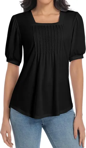 T Shirts for Women Casual Pleated Square Neck Dressy Blouses Puff 2025 Short Sleeve Summer Tops Loose Fit