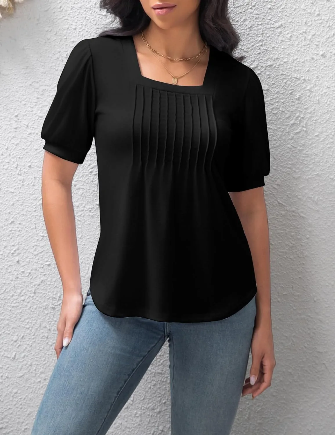 T Shirts for Women Casual Pleated Square Neck Dressy Blouses Puff 2025 Short Sleeve Summer Tops Loose Fit
