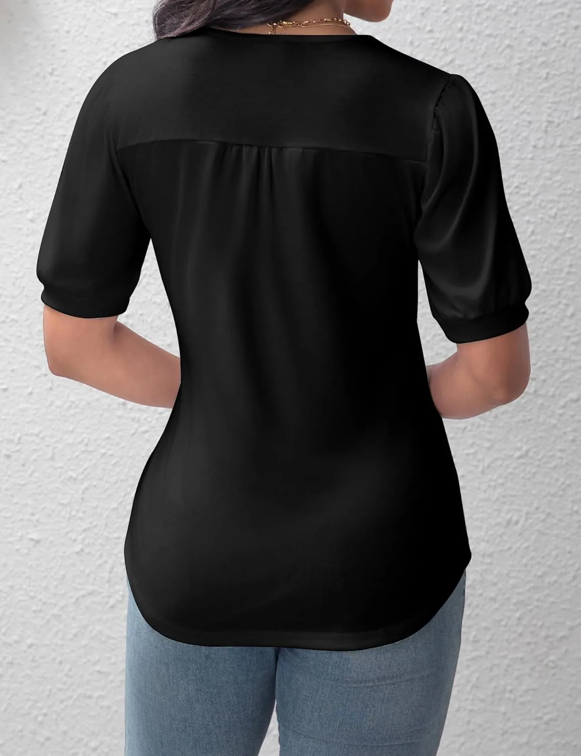 T Shirts for Women Casual Pleated Square Neck Dressy Blouses Puff 2025 Short Sleeve Summer Tops Loose Fit