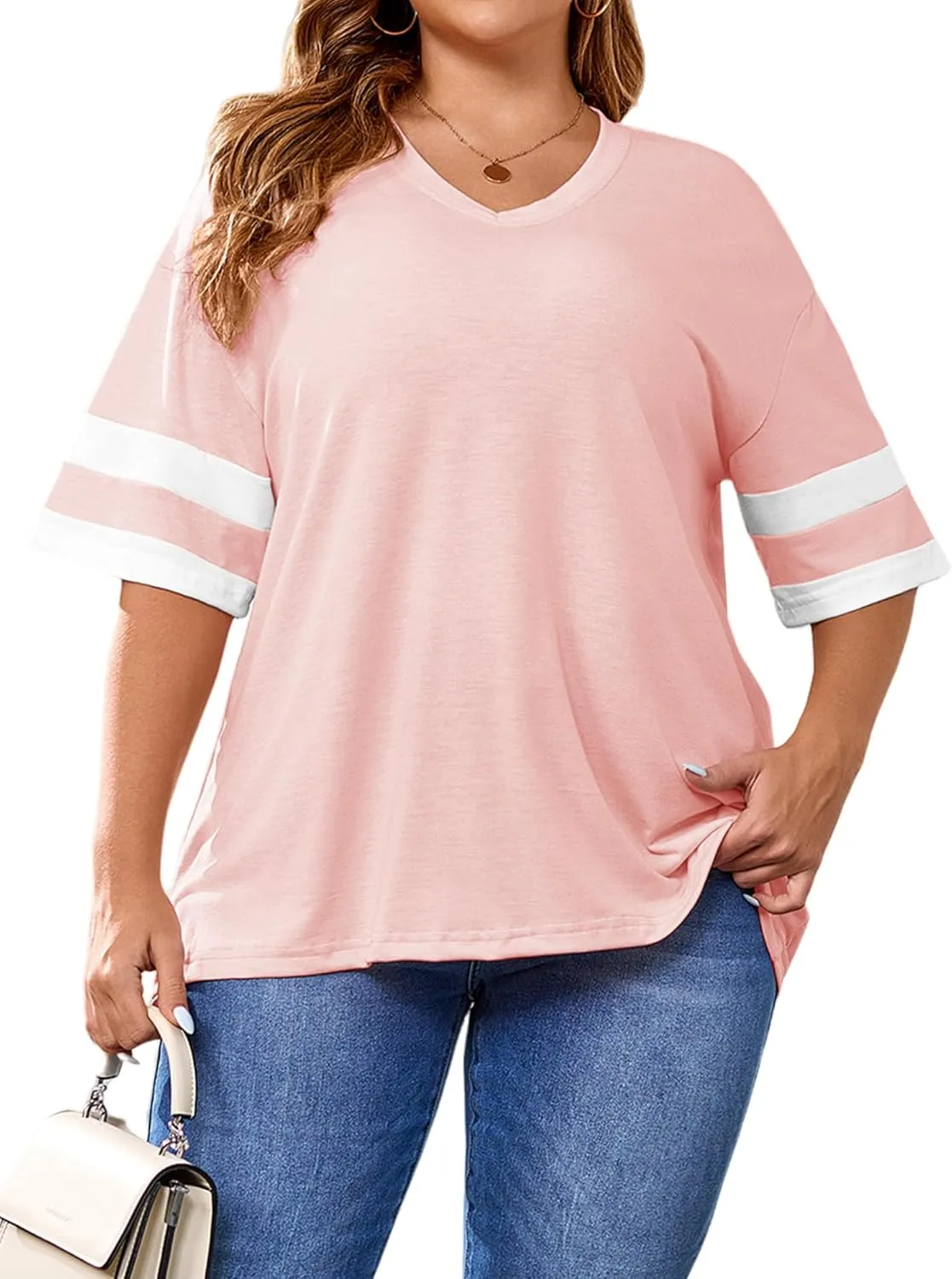 TAKEYAL Plus Size Tops for Women Striped Short Sleeve V Neck Tshirts Casual Summer Tunic Tops 1XL-5XL