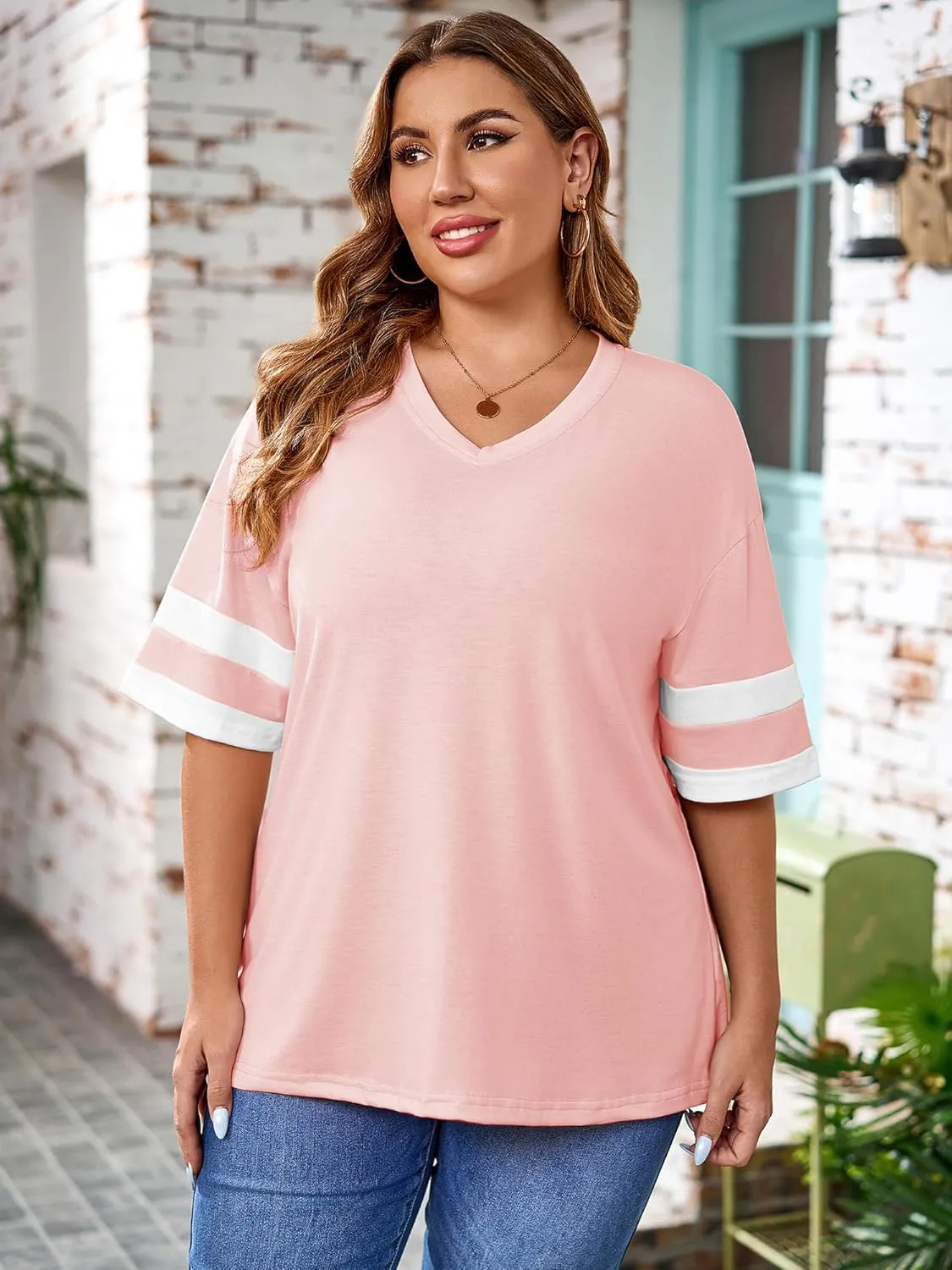 TAKEYAL Plus Size Tops for Women Striped Short Sleeve V Neck Tshirts Casual Summer Tunic Tops 1XL-5XL