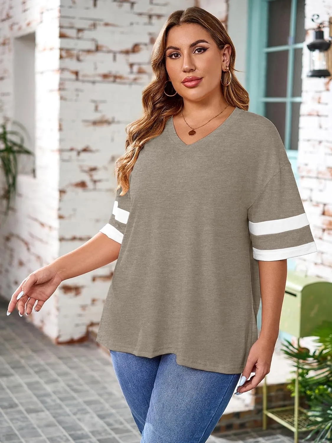 TAKEYAL Plus Size Tops for Women Striped Short Sleeve V Neck Tshirts Casual Summer Tunic Tops 1XL-5XL