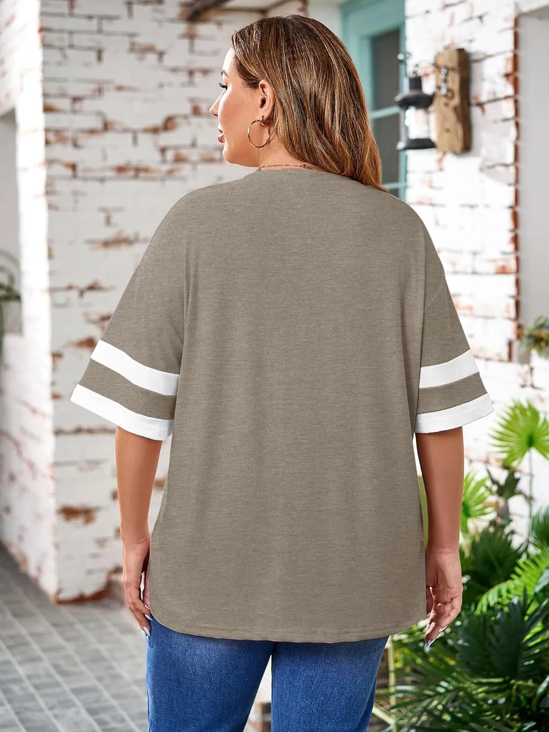 TAKEYAL Plus Size Tops for Women Striped Short Sleeve V Neck Tshirts Casual Summer Tunic Tops 1XL-5XL