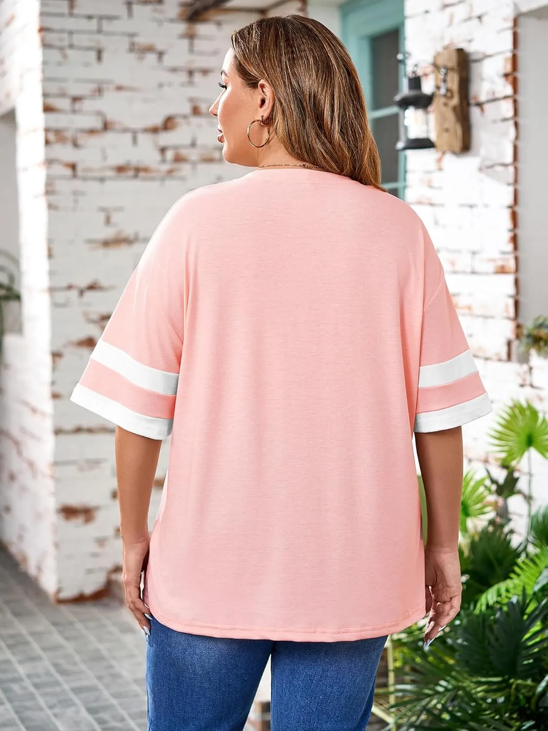 TAKEYAL Plus Size Tops for Women Striped Short Sleeve V Neck Tshirts Casual Summer Tunic Tops 1XL-5XL