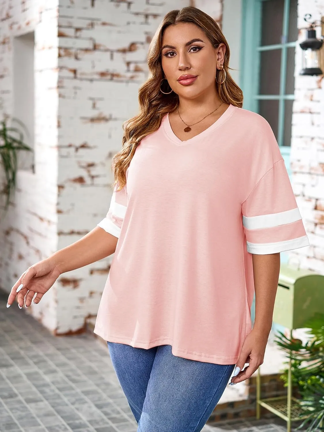 TAKEYAL Plus Size Tops for Women Striped Short Sleeve V Neck Tshirts Casual Summer Tunic Tops 1XL-5XL