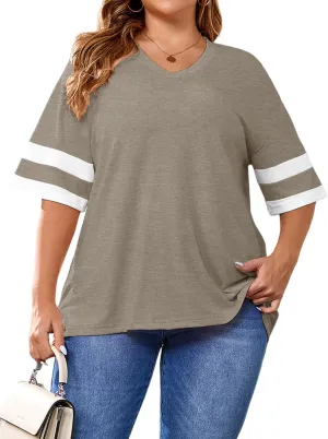 TAKEYAL Plus Size Tops for Women Striped Short Sleeve V Neck Tshirts Casual Summer Tunic Tops 1XL-5XL