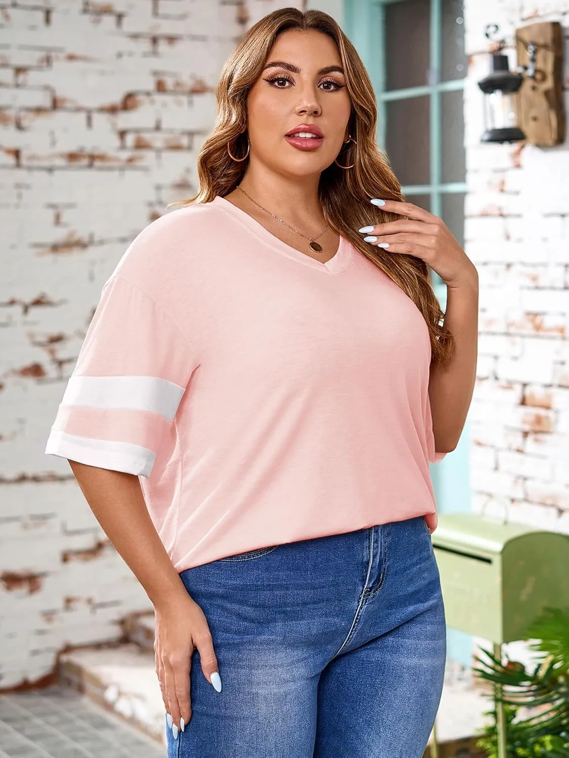 TAKEYAL Plus Size Tops for Women Striped Short Sleeve V Neck Tshirts Casual Summer Tunic Tops 1XL-5XL