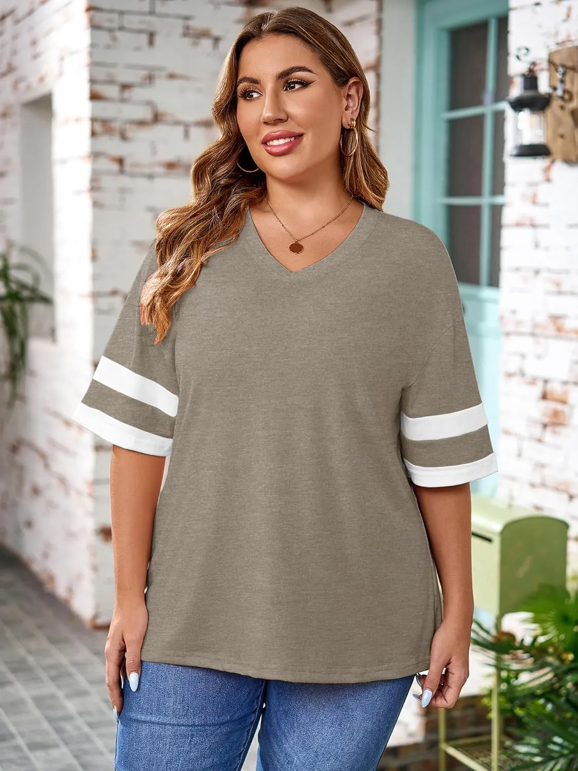 TAKEYAL Plus Size Tops for Women Striped Short Sleeve V Neck Tshirts Casual Summer Tunic Tops 1XL-5XL