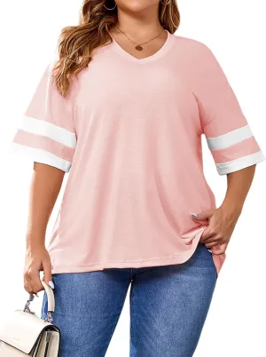 TAKEYAL Plus Size Tops for Women Striped Short Sleeve V Neck Tshirts Casual Summer Tunic Tops 1XL-5XL