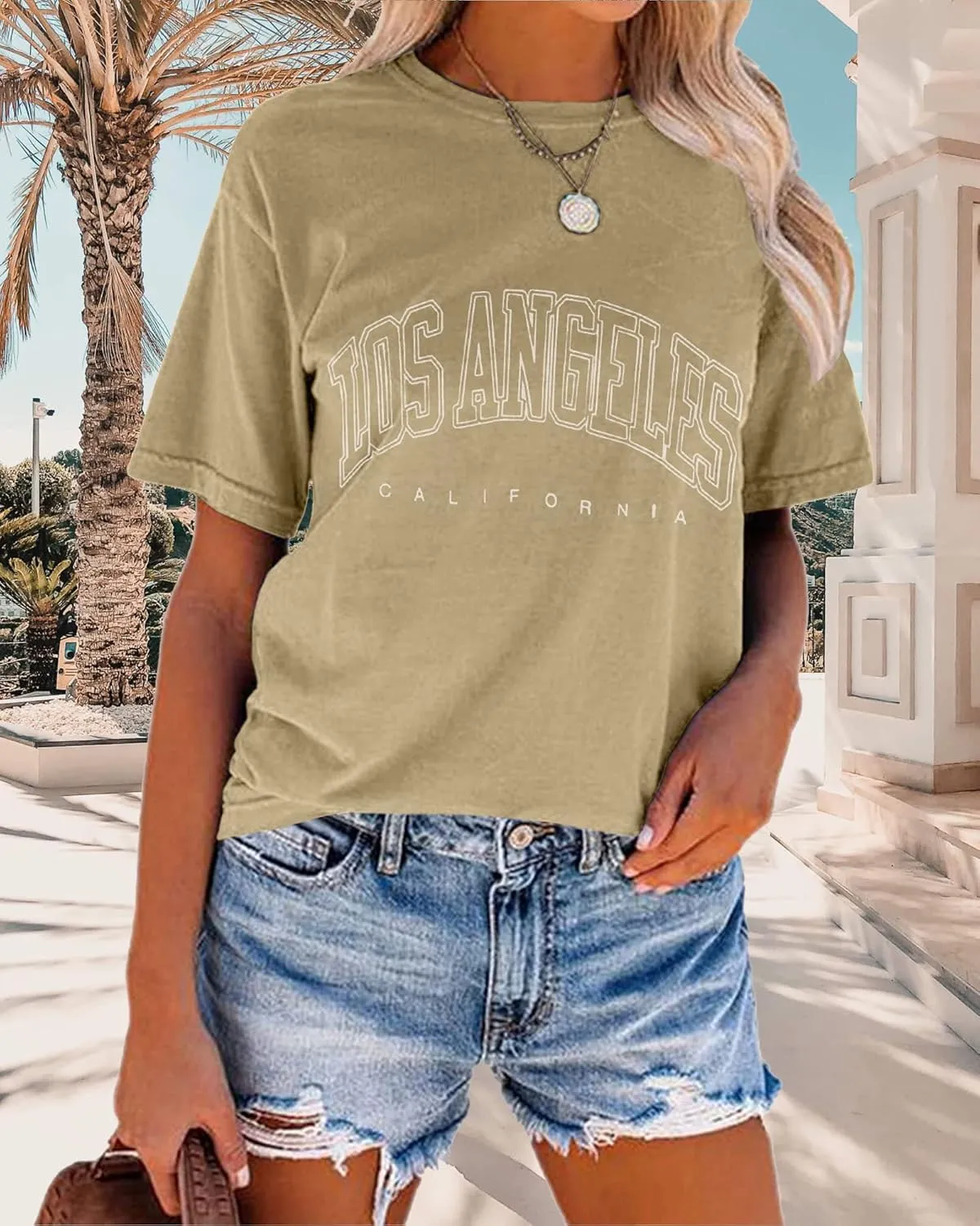 TAKEYAL Women Los Angeles Graphic T Shirts California Letter Print Short Sleeve Tee Loose Casual Tops