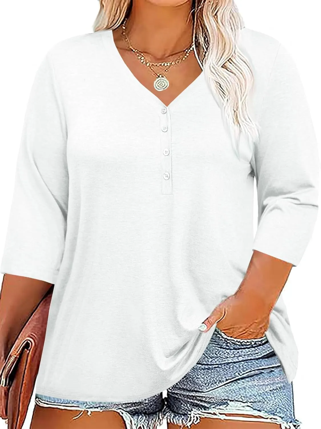Tankaneo Women Plus Size Tops V Neck 3/4 Sleeve Casual T Shirts Loose Basic Tunic Tees