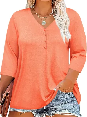 Tankaneo Women Plus Size Tops V Neck 3/4 Sleeve Casual T Shirts Loose Basic Tunic Tees