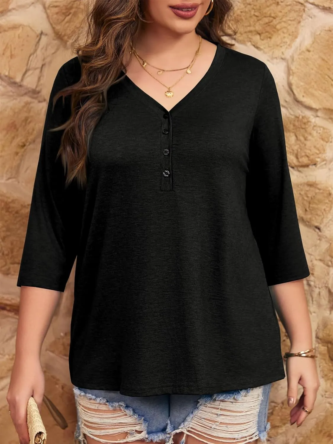 Tankaneo Women Plus Size Tops V Neck 3/4 Sleeve Casual T Shirts Loose Basic Tunic Tees