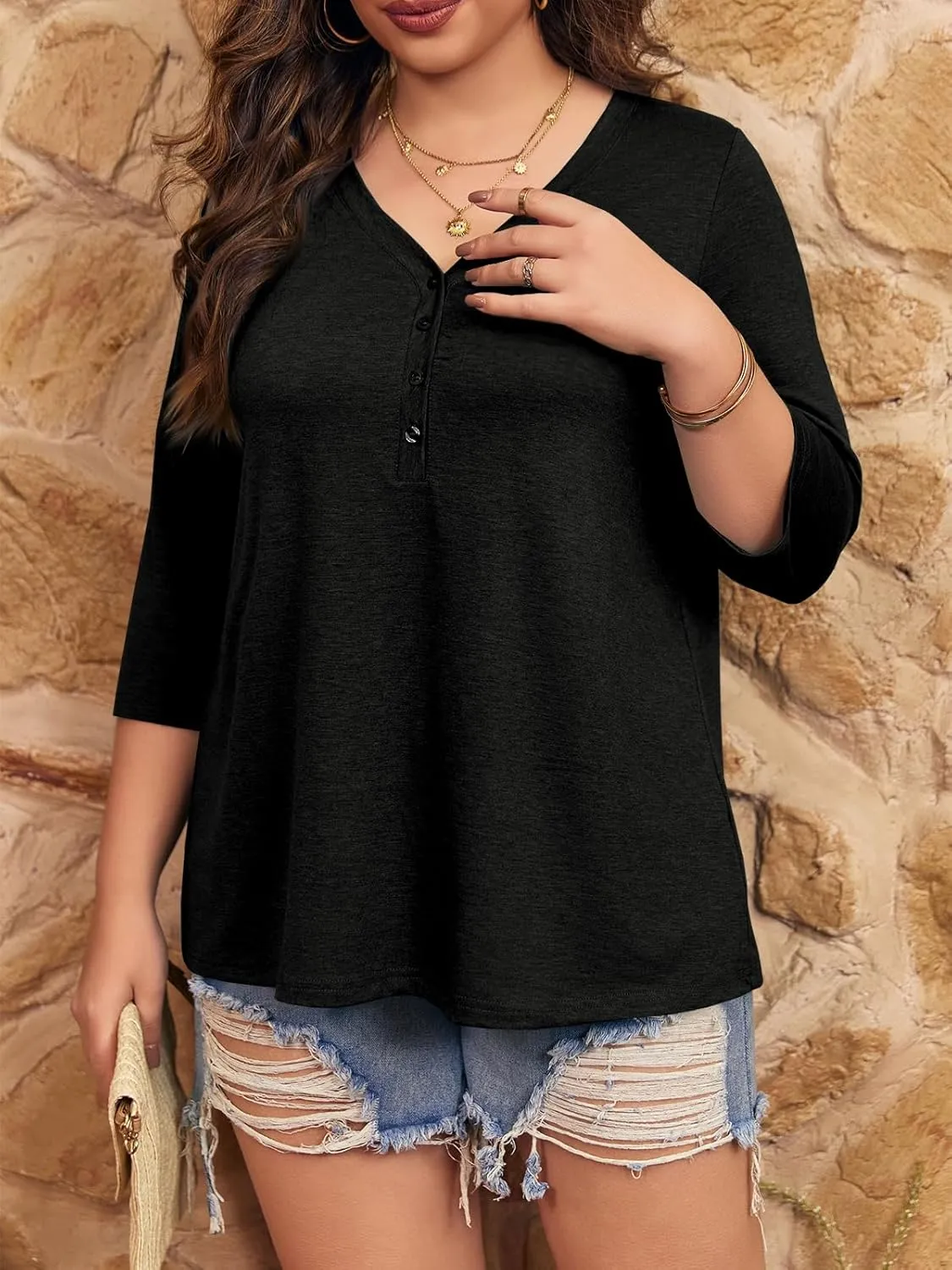 Tankaneo Women Plus Size Tops V Neck 3/4 Sleeve Casual T Shirts Loose Basic Tunic Tees