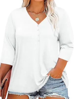 Tankaneo Women Plus Size Tops V Neck 3/4 Sleeve Casual T Shirts Loose Basic Tunic Tees