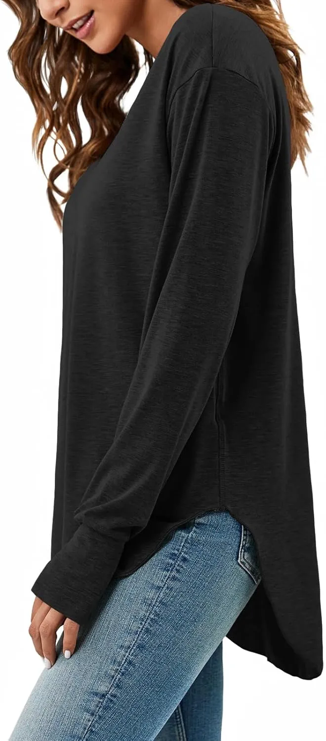 Tankaneo Womens Deep V Neck Tunic Tops Long Sleeve Oversized Casual Loose Fit Curved Hem T Shirts