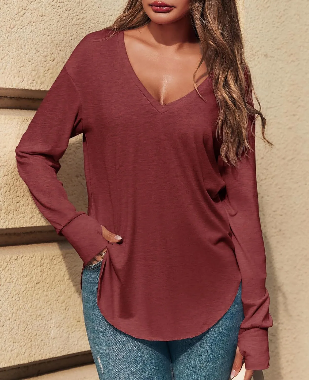 Tankaneo Womens Deep V Neck Tunic Tops Long Sleeve Oversized Casual Loose Fit Curved Hem T Shirts