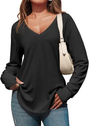 Tankaneo Womens Deep V Neck Tunic Tops Long Sleeve Oversized Casual Loose Fit Curved Hem T Shirts