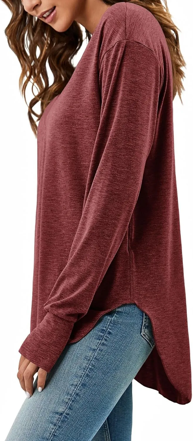 Tankaneo Womens Deep V Neck Tunic Tops Long Sleeve Oversized Casual Loose Fit Curved Hem T Shirts
